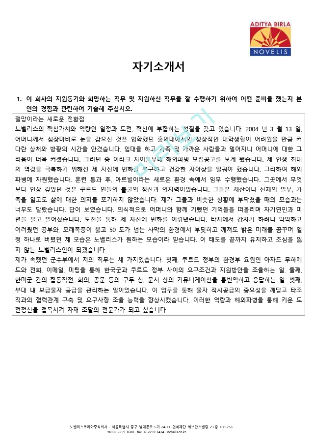  외국계 회사 노벨리스 Novelis 서울 Metal Procurement 합격 국문   영문 이력서   자소서   Cover Letter   (5 )